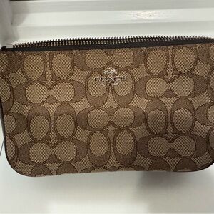 Coach Brown Leather-Trim Zip Card Pouch